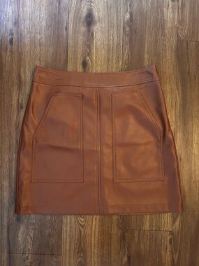 Brown Faux Leather Loft Skirt with Front Pockets